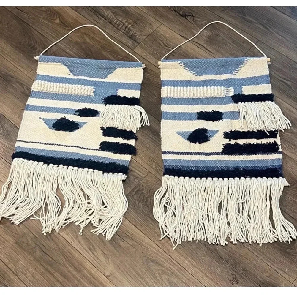 Handmade Woven Blue & Cream Wall Hanging Tapestries Complete With Fringe 32”x18”